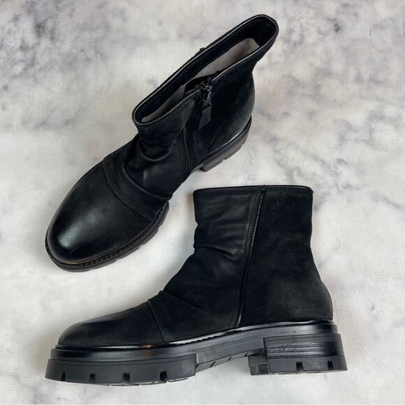 Miz Mooz Brodie Black Ruched Leather Suede Lug Sole Moto Boots Edgy Grunge Sz 39